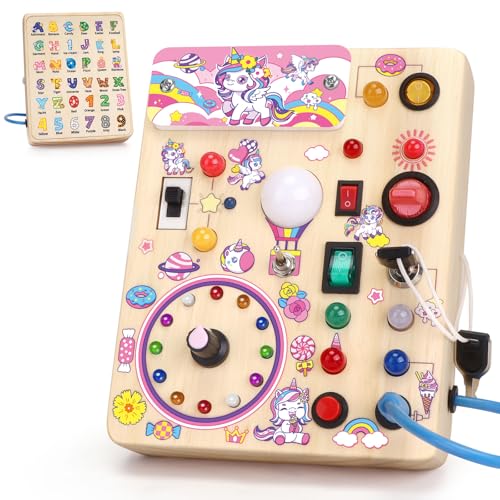 Unicorn Toddler Toys Montessori Busy Board for 1 2 3 Year old Boys Girls Wooden Toys with With 10 Switches and 23 LED Lights Switch toy Sensory Learning Toys 1 2 Year old Baby Girls Boys Gifts