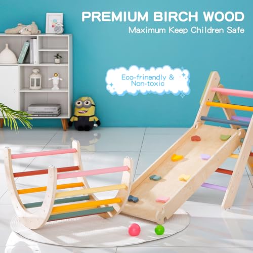 Image of Foldable Pikler Triangle Climbing Set Wooden 7 in 1 Montessori Climber Toys for Toddlers 1-3 Baby Jungle Gym Indoor Slide Playground with Ramp / Arch / Ladder Large Kids Activity Center Boy & Girl Gift