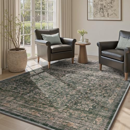 MontVoo-Vintage Area Rug 4X6 Green Rugs for Living Room-Soft Distressed Printed Rugs for Bedroom-Non Slip Carpet-Machine Washable Rug for Dining Room Living Room Bedside Office Olivegreen 4'