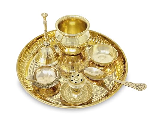 Image of BENGALEN Brass Pooja Thali Set with Red Gift Box Very Small 6 Inch Pital Plate Kalash Spoon Chandan Wati Dhup Dan Kuber Diya Ghanti Puja Arti Thali for Diwali Home Office Mandir Wedding Return Gifts