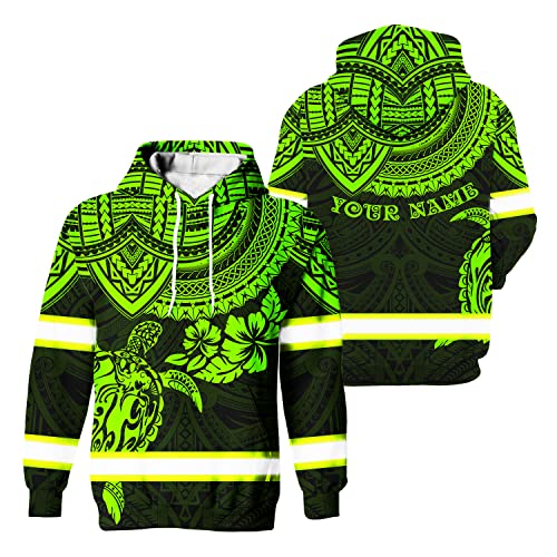 Matedecor Safety Hoodie Green Turtle Flower Hawaiian Customize Name High Visibility Hoodie for Men Reflective Hoodie Hi Vis Hoodie Workwear for Runners, Walkers, Trucker, Operator, Patriotic-L