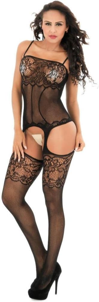 Women Sexy Sheer Fishnet Crotchless Bodystocking Babydoll Nightwear Open Crotch Body Stocking Sleepwear Underwear Lingerie (Black, Free Size)