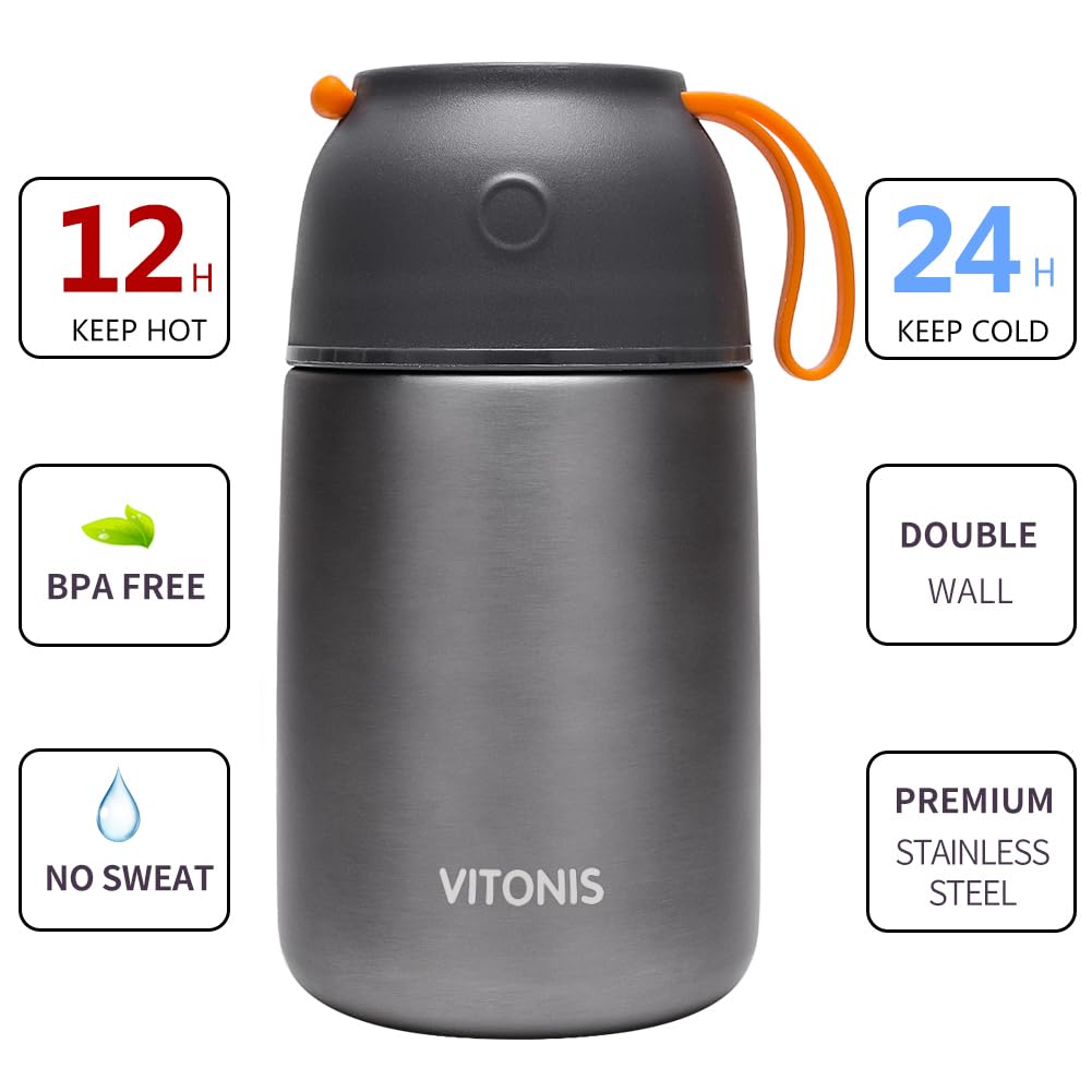 Boîtes Alimentaires Isothermes Set 500ml+700ml, Boîte Isotherme Repas Chaud en Acier Inoxydable avec Cuillère, Thermoisolant Boîte Récipient Thermique sans BPA pour Ecole Bureau, Noir