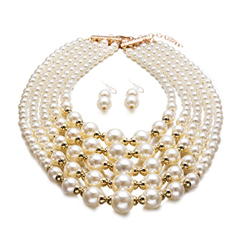 Yuhuan Women Elegant Pearl Jewelry Bead Cluster Collar Bib Choker Necklace and Earrings Set (Ivory)3