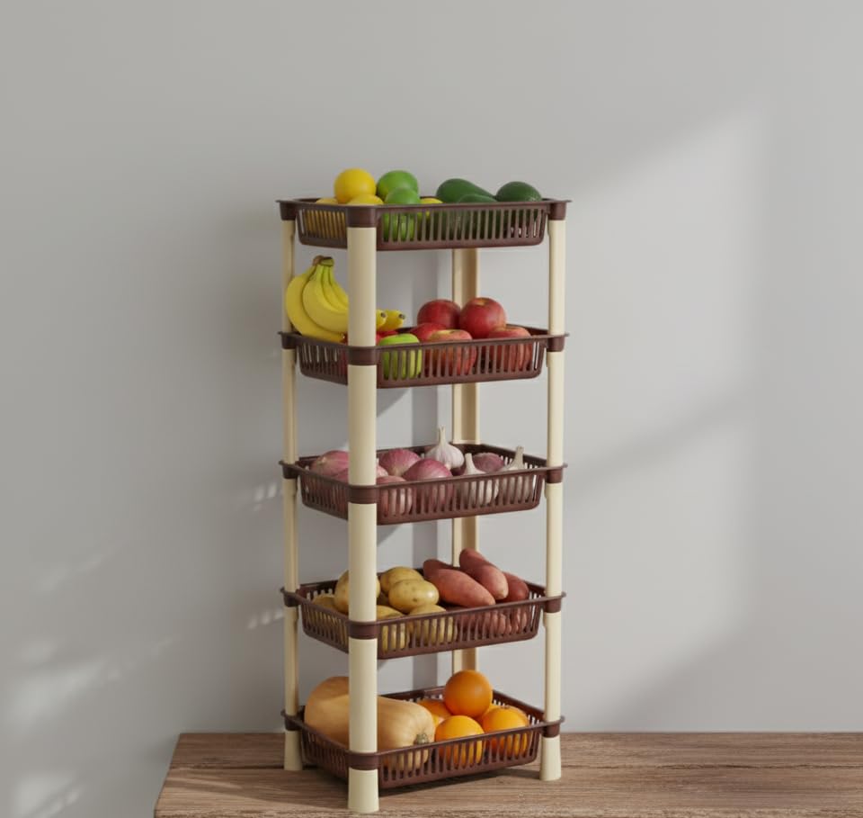 Image of U-Max Multi Tire Kitchen Storage Rack, Plastic Utility Shelf Organiser, Space Saving Storage Solution, Revolving Vegetable Rack (Brown-Regular, 5)