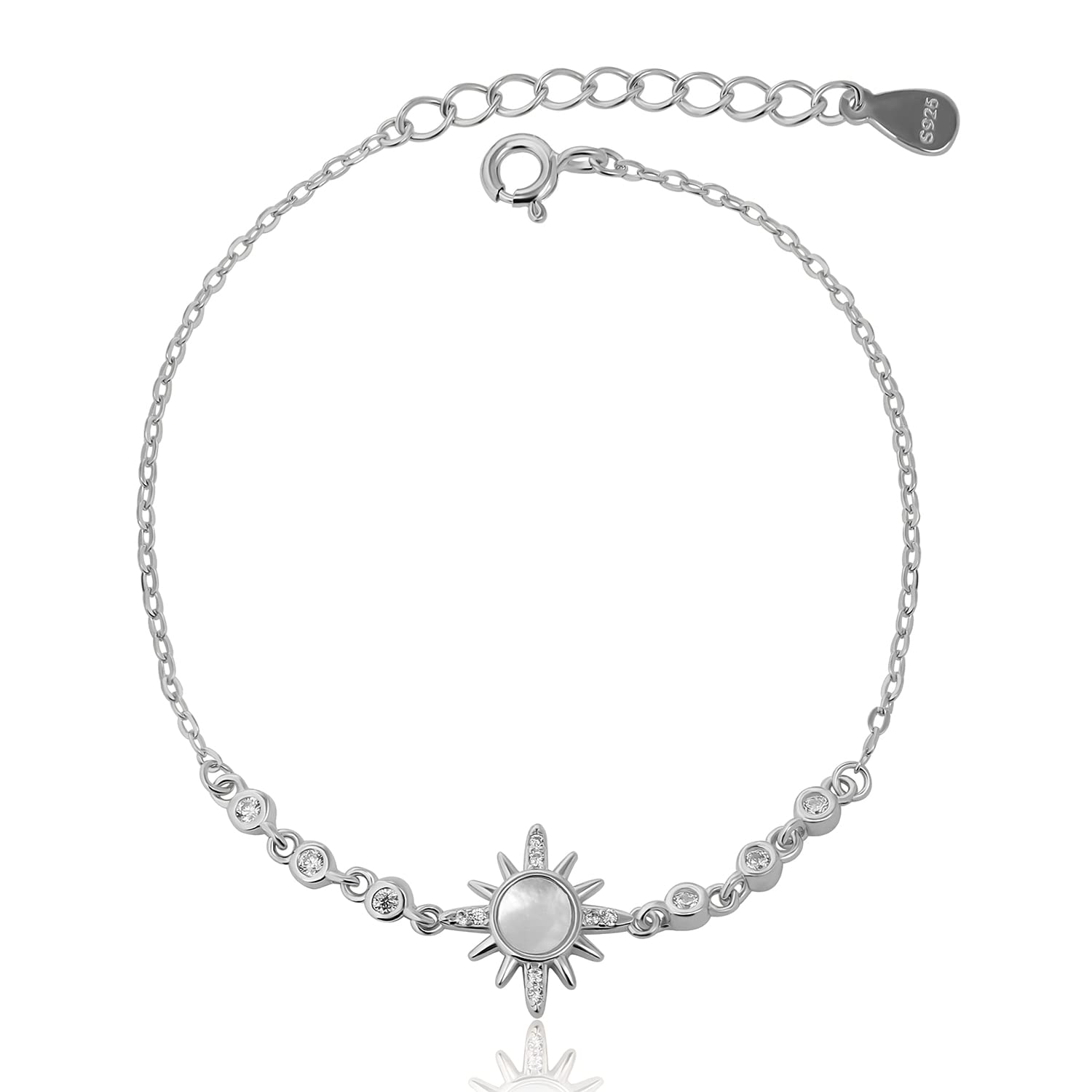 Sun Sky Bracelet for Women Dainty Sun Charm Mother of Pearl Sterling Silver Cubic Zirconia Women Jewelry Gift