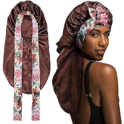 MBJERRY Long Satin Braids Bonnet - Silk Hair Bonnets for Sleeping Stretchy Tie Band for Black Women Elastic Sleep Cap for Curly Hair (Brown) Cover