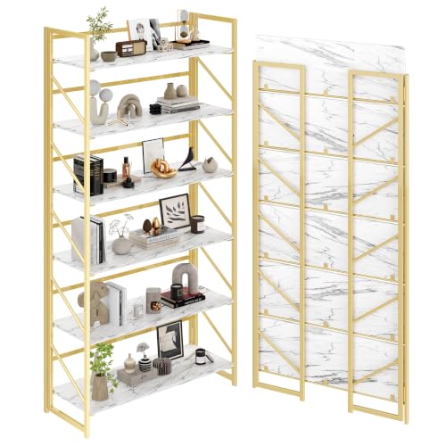 Image of JSB 6 Tier No Assembly Folding Bookshelf, 30.7 inch Wide Foldable Storage Bookcase for Home Office, Space-Saving Storage Shelf for Living Room (White&Gold)