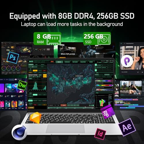 Ordinateur Portable 15,6", PC Portable Celeron N4000, Laptop 8Go DDR4 RAM 256Go SSD, 1920 *1080 FHD IPS, Laptop 1980*1080 IPS FHD Écran, WiFi5/Mini-HDMI/USB3.0/BT4.2/Webcan, Carte TF Développer to 1To – Image 3