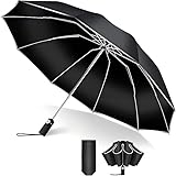 【逆折り式10本骨】折りたたみ傘 ワンタッチ自動開閉 メンズ レディース兼用 耐風・豪雨対応（台風対策可）広幅105cm大きい 反射テープ付き 遮光99%・UVカット99% 男子日傘 テフロン加工 折り畳み傘 収納ポーチ付き 晴雨兼用 梅雨対策 丈夫耐久 ブラック
