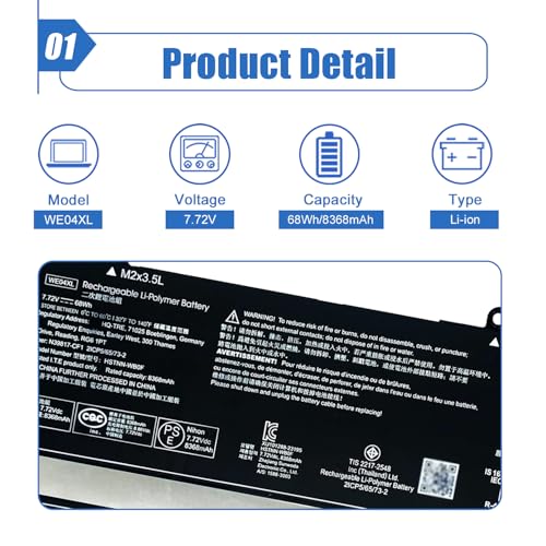 Image of 68Wh WE04XL Laptop Battery Replace for HP Envy X360 16-AC 16-AD 2-in-1 Pavilion Plus 16-AB 16T-AB Pavilion Plus 14-ey 14-ew X360 Spectre 14-EU Series HSTNN-WB0F N39817-CE1 N39817-CF1 7.72V