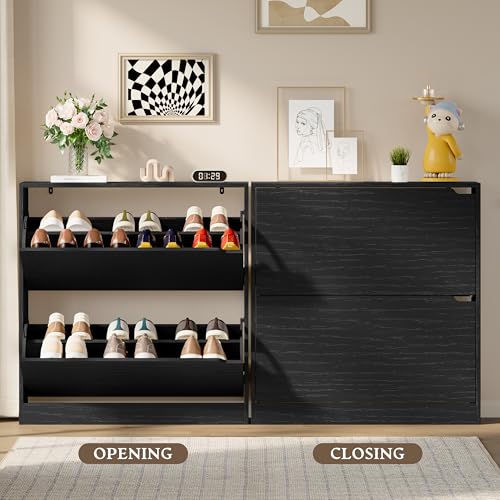 Image of BORNOON Shoe Cabinet with 2 Flip Drawers, Slim Narrow Shoe Storage Cabinet, Freestanding Shoe Organizer with Adjustable & Removable Shelves, Top Display Shelf for Entryway, Hallway, Foyer, Closet