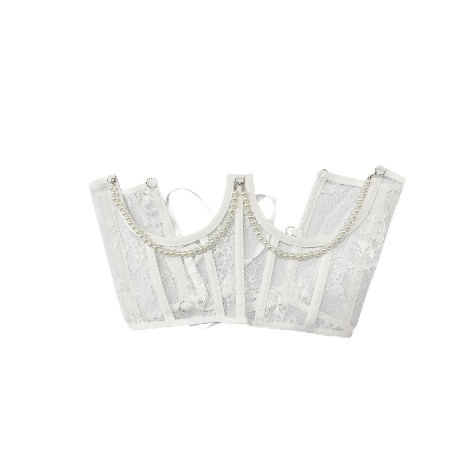 Lace Corset Belt Tie Back Corset for Women Underbust Corset with Beads Chain White-image-19