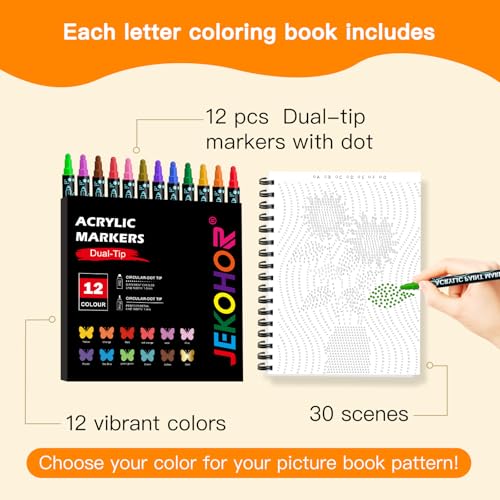 Image of Coloring Book,Dot By Letter Art Meditations with 12 PCS Acrylic Markers,Mindfulness Adult Coloring Book-Relaxing,Anti-Stress,30 Pattern Activity Coloring Books for Adults,Dot Art for Adults-Landscapes
