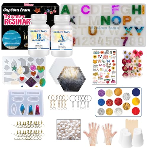 Image of exploralearn 95 Pcs Ultimate Resin Art Kit with 200g Epoxy Resin - DIY Alphabet, Jewelry, Coasters & Pendants - Includes Dried Flowers, Stickers, Glitters & More