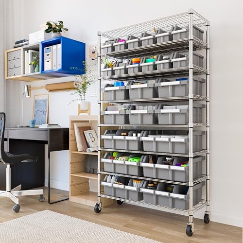 Image of 8-Tier NSF 24-Bin Steel Wire Shelving Rack, 36 inchW x 14.25 inchD x 63.5 inchH, Gray | 24 slide-out bins with tilt-lock design keep supplies organized and accessible