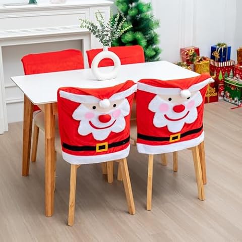 JAZGROM Christmas Chair Back Covers Set of 4,Santa Claus Dining Chair Covers Kitchen Christmas Decor Christmas Decorations Indoor Holiday Party Xmas Decor Cover