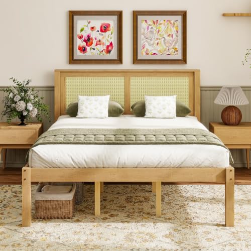 Bellemave Queen Bed Frame with high Headboard, Queen Wood Platform Bed with Rattan Headboard, Natural