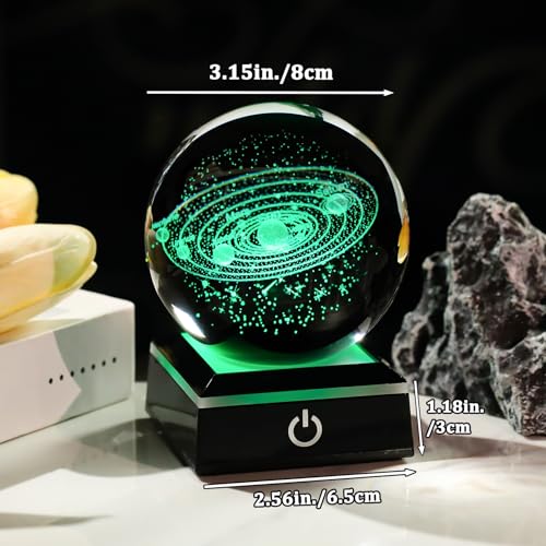 Image of Arikyrist 3D Solar System Crystal Ball 80mm with Light Base, Laser Engraved Space Universe Astronomy Gifts for Women Men Teens Boys and Girls, Glass Planet Solar System Model Sphere Night Light Decor
