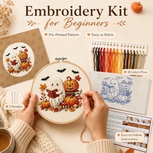Image of YOUDRN Halloween Ghost Reading Book Embroidery Kit for Beginners Adults | DIY Halloween Embroidery Kits, Ghost, Fall Pumpkin, Maple Pattern, Cotton Threads, Needles, Instruction, 20 cm Hoop