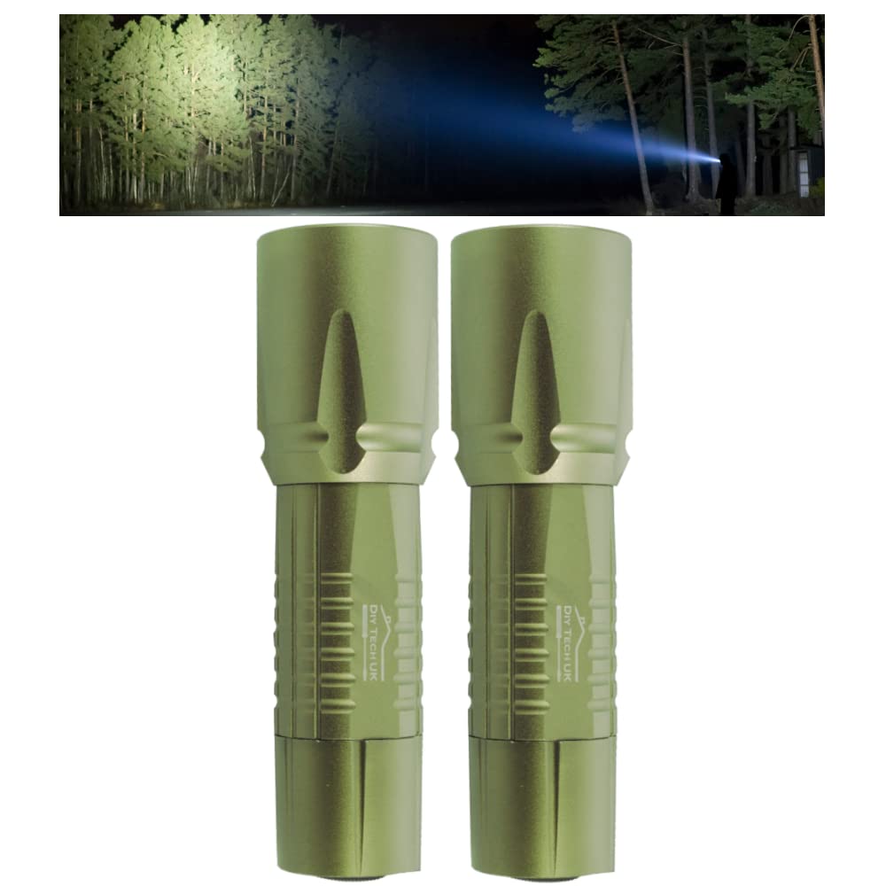 DIY TECH UK - Super Bright LED Torch - 300m Range - 2-Pack - Mini 12cm