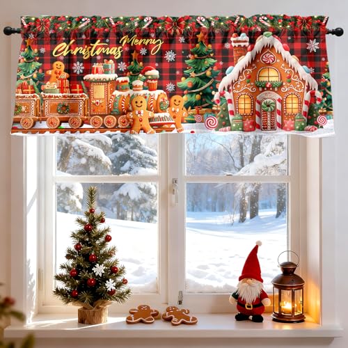 HEIFAM Christmas Valance Curtain with Rod Pocket Christmas Window Valances with Gingerbread Man Merry Xmas Valance for Living Room Kitchen Bedroom Gingerbread Man Decoration Indoor 51x 18In