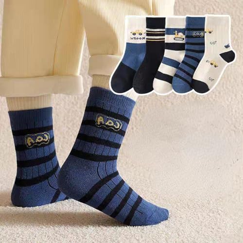 5 Pairs Thick Warm Fleece Winter Socks for Boys 1 to 16 Years, Cute Cartoon Car Bear Dino Crew Socks for Kids2