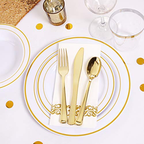 Wdf 400Pieces Gold Plastic Plates With Disposable Plastic Cutlery & Gold Plastic Cups&Gold Plastic Bowls&Hand Napkins-Gold Plastic Dinnerware For Wedding&Parties #TOP4
