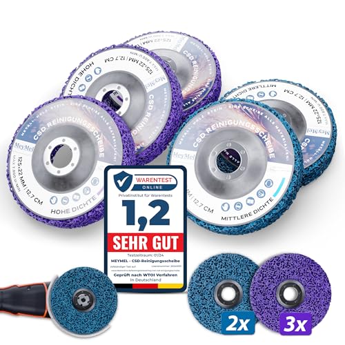 MeyMel® 5 Stück Premium CSD Scheibe 125mm 3x Grob & 2x Mittel | Hochleistungs- & Bruchsichere Reinigungsscheibe | Für Winkelschleifer 125mm | Rostentferner für Flex | Holz Metall Stein Beton