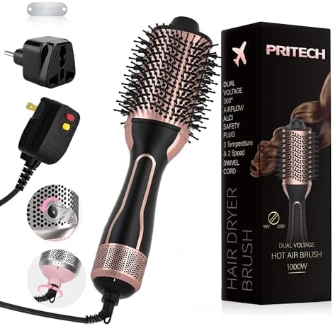 PRITECH 1000W Dual Voltage Ceramic Ionic Hair Dryer Brush,4-in-1 Hot Air Styler & One Step Volumizer for Straight & Curly Hair Salon (110-120V/220-240V),Black Gold