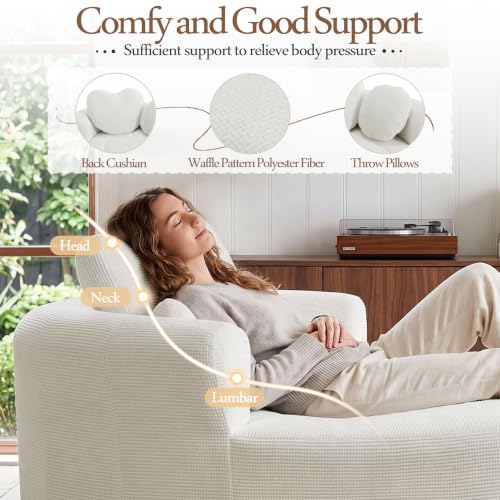 Image of Trustyue Boneless Couch,Comfy Fluffy Sofa Bed,Upholstered Sleeper Sofa with Cup Holder and Throw Pillows,Corduroy Plush Cloud Lounge Chair (Beige, Waffle Polyester)