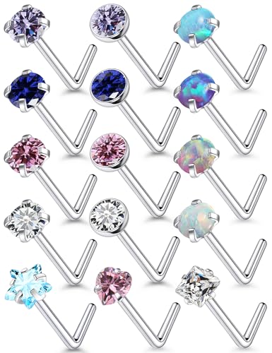 15 Pcs 18G 20G Surgical Steel Nose Rings Studs for Women Opal Nose Rings Diamond CZ Nose Studs L Shaped Nose Nostril Piercing Jewelry Hypoallergenic