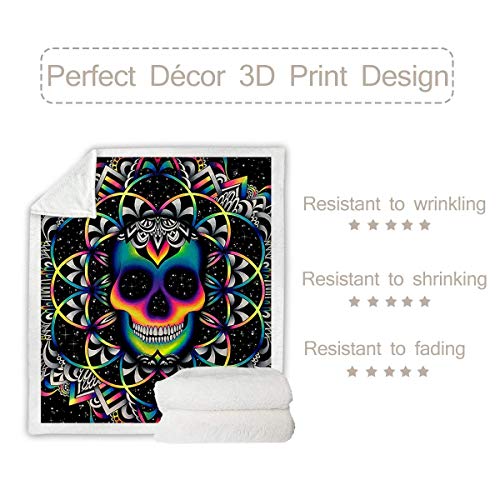 Chaos By Brizbazaar Skull Sherpa Fleece Blanket Colorful Skull Print Super Soft Throw Blanket For Bed Couch Sofa Black Neon Reversible Ultra Luxurious Plush Blanket For Men King(108"X90") #TOP3