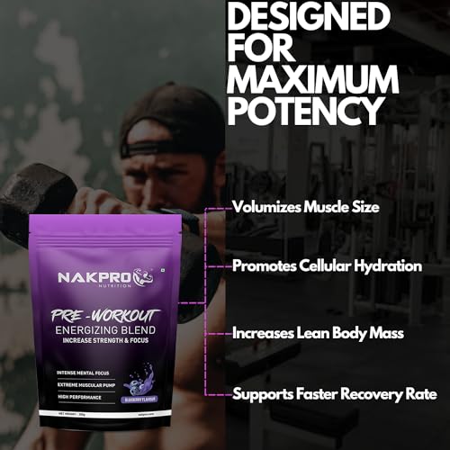 Image of NAKPRO Pre Workout Supplement Powder With 100Mg Caffeine, 1200Mg Creatine Monohydrate And 1200Mg Citrulline|Helps In Lean Muscle Building, Improves Workout Performance - 50 Servings (Blueberry, 250G)