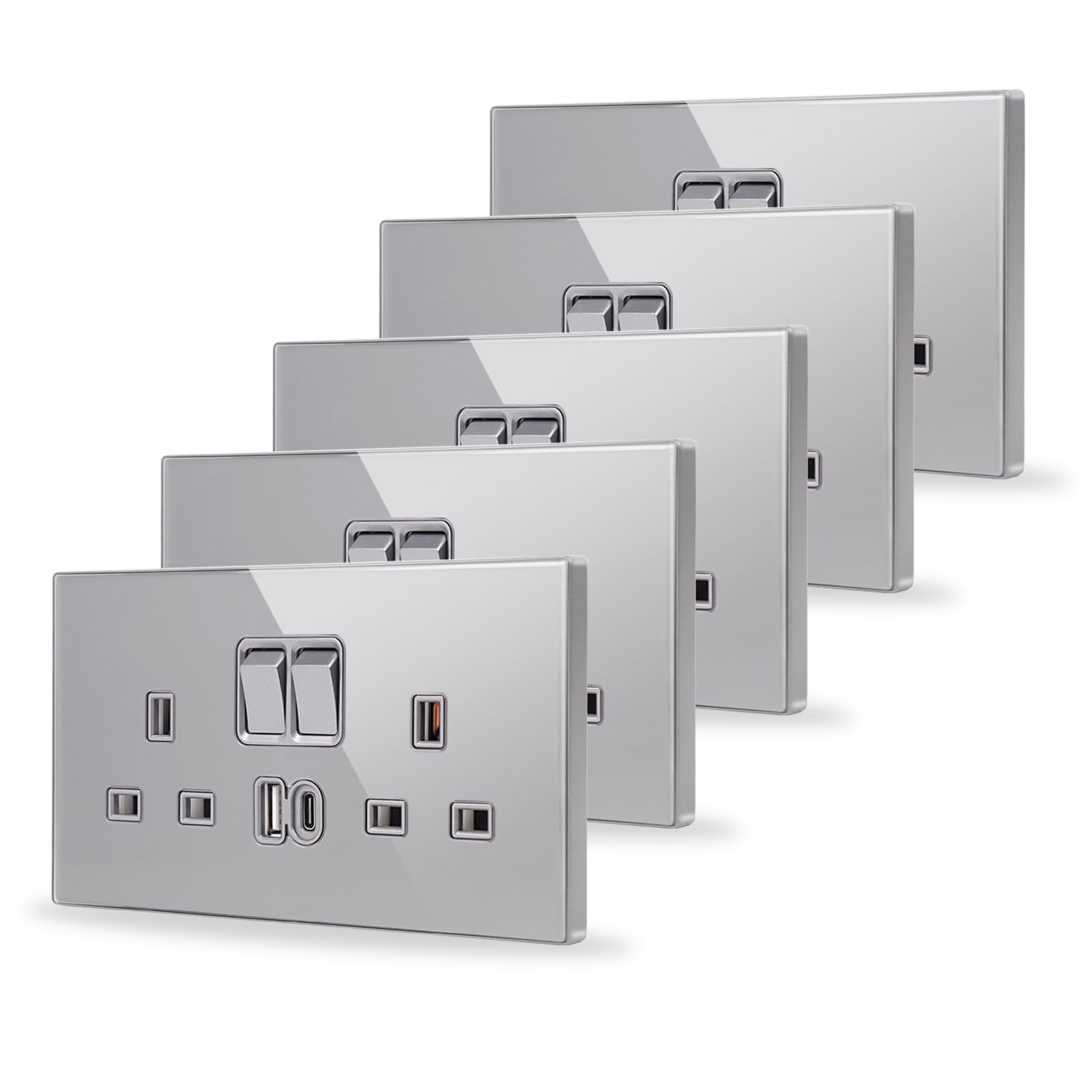 5 Pack Double Switched Socket Grey 20W Fast Charging 13 Amp with USB A and Type C Charging Ports Crystal Glass Panel Wall Outlet