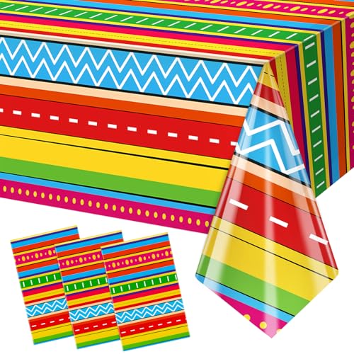 Image of Hxezoc 3 Pack Cinco De Mayo Printed Tablecloths, 54 x 108 Inch Disposable Plastic Table Cover for Mexican Holiday Decorations Outdoor Indoor Party Supplies