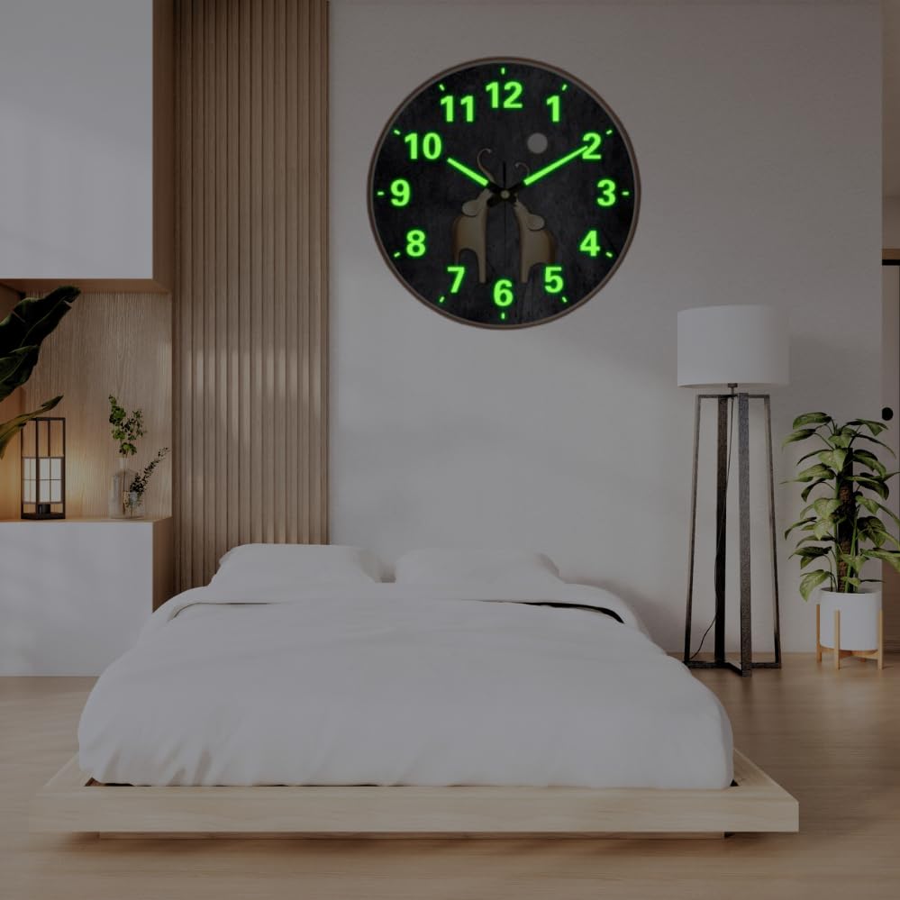 Image of Ash & Roh Radium Glow Wall Clock, 12 Inch Night Light Wall Clock Silent Non-Ticking, Battery Operated Wall Clocks for Living Room Kitchen Office Bedroom, (Radium Elephant)