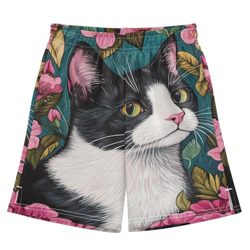 DOMIKING Tuxedo Cat Floral Teal Kids Shorts Pull-on Boys Shorts with Elastic Waist Casual Athletic Pants for Playwear Outdoor