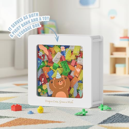 Image of Summidate Wooden Money Saving Box, Clear Window Cash Vault Savings Box with DIY Stickers, Personalized Bear Piggy Bank for Kids & Adults, Birthday /Baby Shower /Wedding Gift