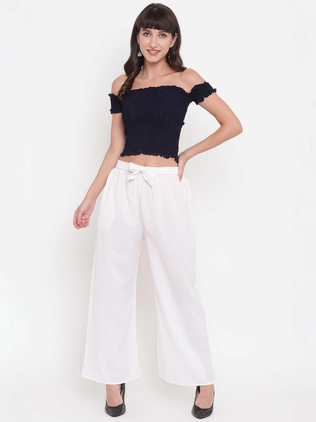 GrabMe Store Women's Rayon Solid Off-Shoulder Smocked Crop Top Short Sleeve Casual Styles Tank Top (Free Size) Multi20
