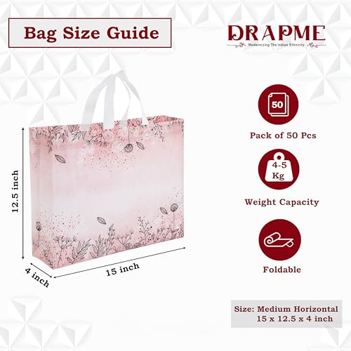 Image of Lavya Medium Size Pack of 50 Pcs Rose Floral Printed Non-Woven Laminated Fabric Reusable Eco-Friendly Party Return Gift Bags (Floral Pink Bloom, M-15x12.5x4)