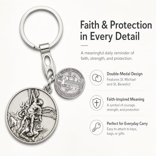 Image of St Michael Medals With St Benedict Keychain,Saint Michael With Saint Benedict Medal for Car,Catholic Religious Keychain,Medalla San Miguel Arcangel Adornos Llaveros Para Carros De Mujer Hombre