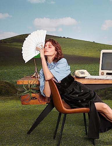 Eosau Spanish Folding Fan Vintage Handheld Fan Traditional Retro Pattern Fabric Plastic Frame For Wedding Dancing Party (White) #TOP6