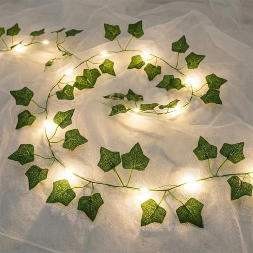 LED Lichterkette Efeu Künstlich, 2M Efeu Künstlich 20LED Lichterkette, Grüne Blatt Efeuranke Lichterketten Batterie mit Timing-Funktion, Blumengirlande Pflanzen für Innen,Hochzeit,Party,Frühling Deko