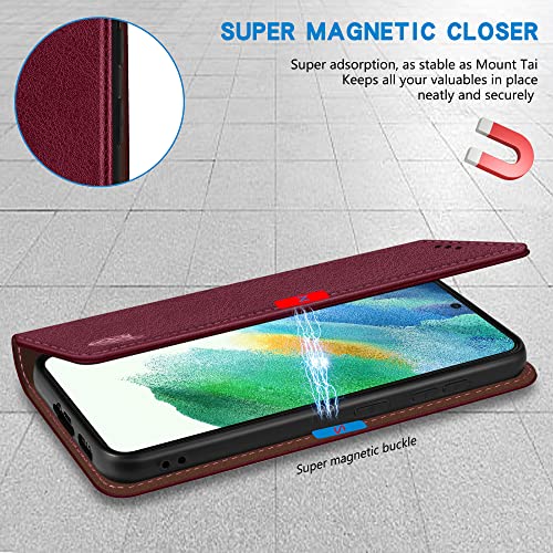ZZXX for Galaxy S21 FE Wallet Case Strong Magnetic 6.4 inch,Wine Red - image 4