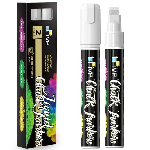 TFIVE White Liquid Chalk Markers - 2 Pack Jumbo Chalk Pens with 10mm 3 in 1 Nib Wide Tips Dry & Wet Erase Marker Pens for Glass Chalkboard BlackBoard Windows Calendar Pumpkin Mirror