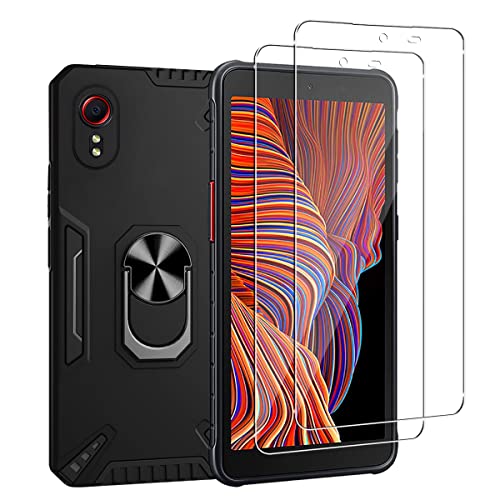 Funrae Hülle Kompatibel mit Samsung Galaxy Xcover 5 mit 2 Stück Hartglas Schutzfolie, [Military Grade Stoßfest][360°Grad Fingerring Ständer] Handyhülle Schutzhülle - Schwarz Cover