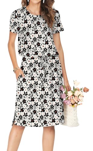 Image of Simier Fariry Womens Summer Hide Belly Knee Length Travel Dress Pocket Short Sleeve Midi Work Casual Outfits
