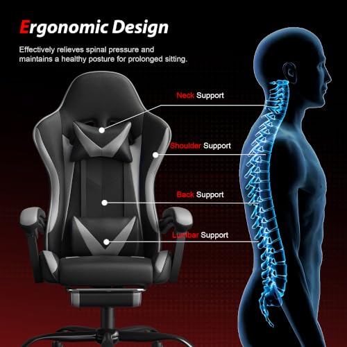 Image of Gaming Chair, Ergonomic Computer Chair with Footrest and Lumbar Support, Height Adjustable Video Game Chair with 360 Swivel Seat and Headrest for Office, Home, Streaming and Gaming (Grey)