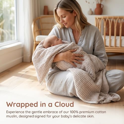 Image of 6-Layer Cotton Muslin Baby Blanket 43x43 inch Swaddles Coffee Striped